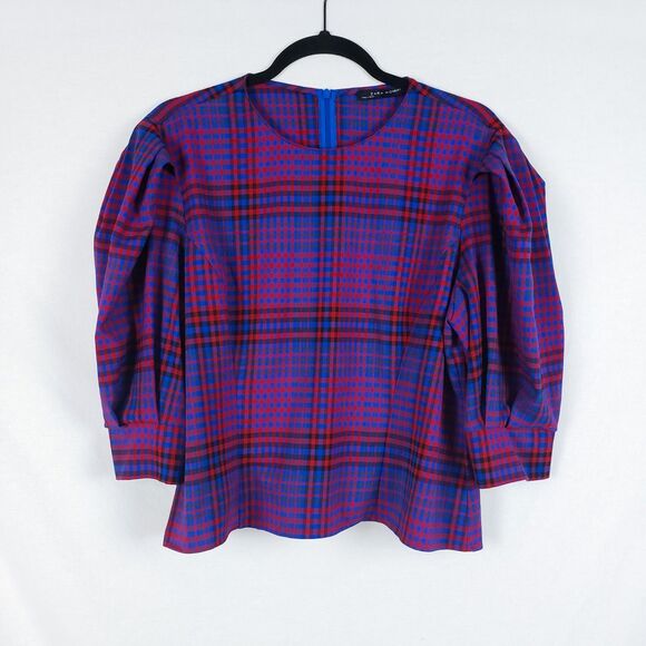 Zara Plaid Blouse Womens XL Puff Sleeve Grunge Punk Structured Retro Maximalist - Picture 1 of 11